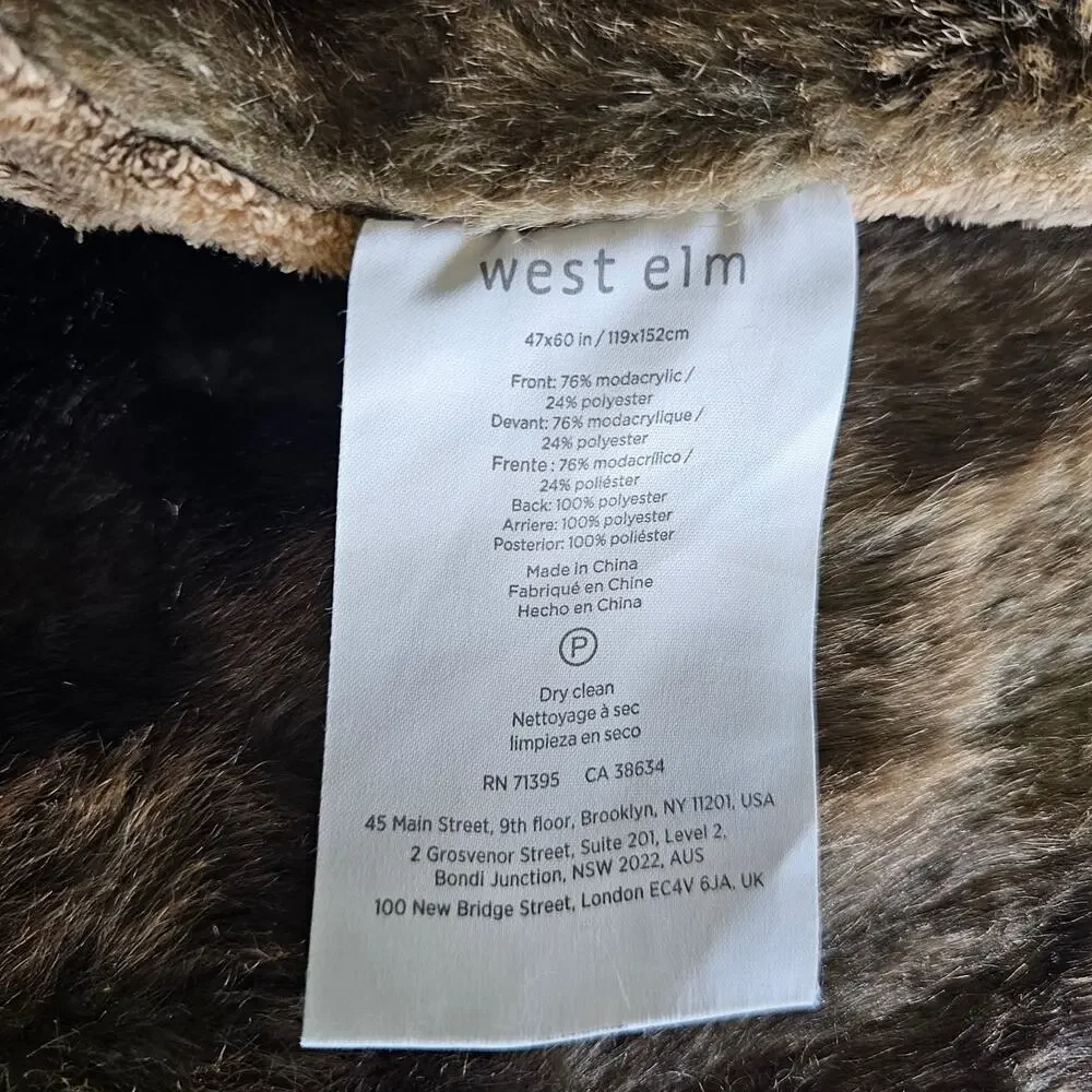 West Elm Faux Fur Chinchilla Throw 60x80 reversible brown Beige